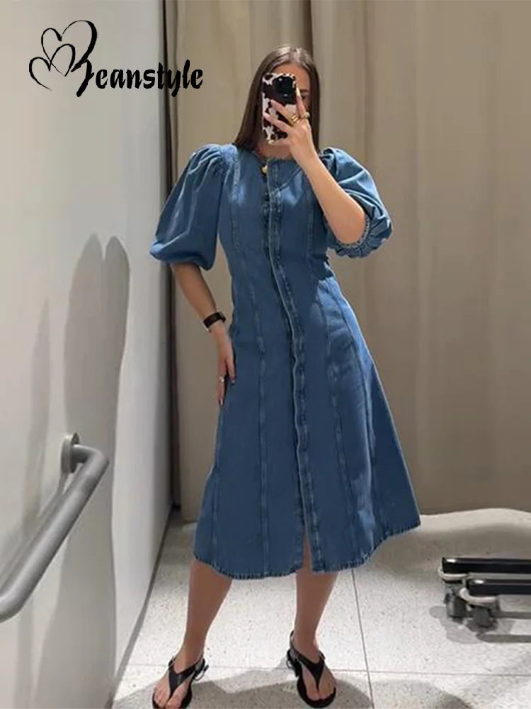 Denim Puff Short Sleeve Women's Dress Summer O-neck Covered Button Long Dresses Female 2025 Fashion Fit A-line Lady Robe