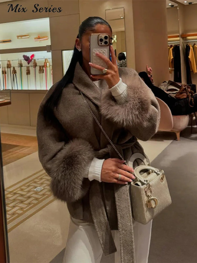 Fashion Solid Belted Coat Women's Turn-down Collar Fuzzy Cuff Design Long Sleeve Jacket 2025 Autumn New Ladies Casual Streetwear