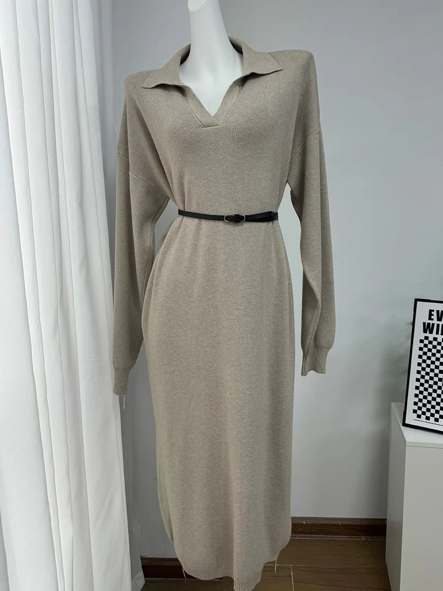 Hirsionsan manches longues automne hiver ample col Polo pull robes femmes doux élégant solide robe en tricot femme 2025 nouveaux vêtements