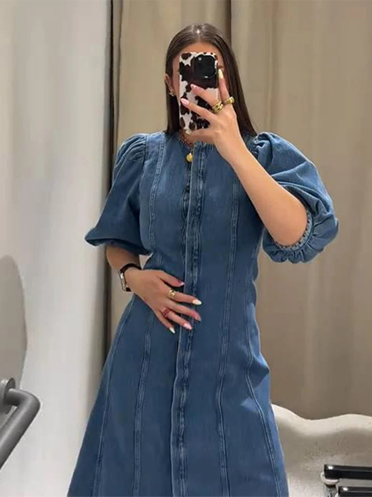 Denim Puff Short Sleeve Women's Dress Summer O-neck Covered Button Long Dresses Female 2025 Fashion Fit A-line Lady Robe