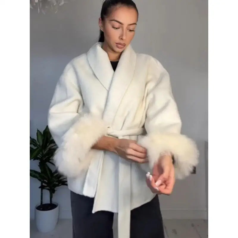 Fashion Solid Belted Coat Women's Turn-down Collar Fuzzy Cuff Design Long Sleeve Jacket 2025 Autumn New Ladies Casual Streetwear