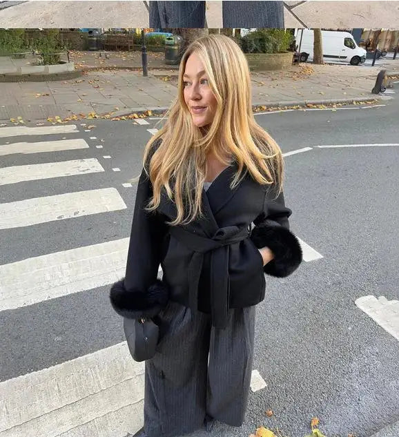 Fashion Solid Belted Coat Women's Turn-down Collar Fuzzy Cuff Design Long Sleeve Jacket 2025 Autumn New Ladies Casual Streetwear