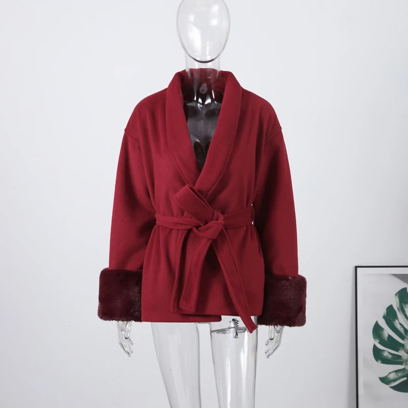 Fashion Solid Belted Coat Women's Turn-down Collar Fuzzy Cuff Design Long Sleeve Jacket 2025 Autumn New Ladies Casual Streetwear