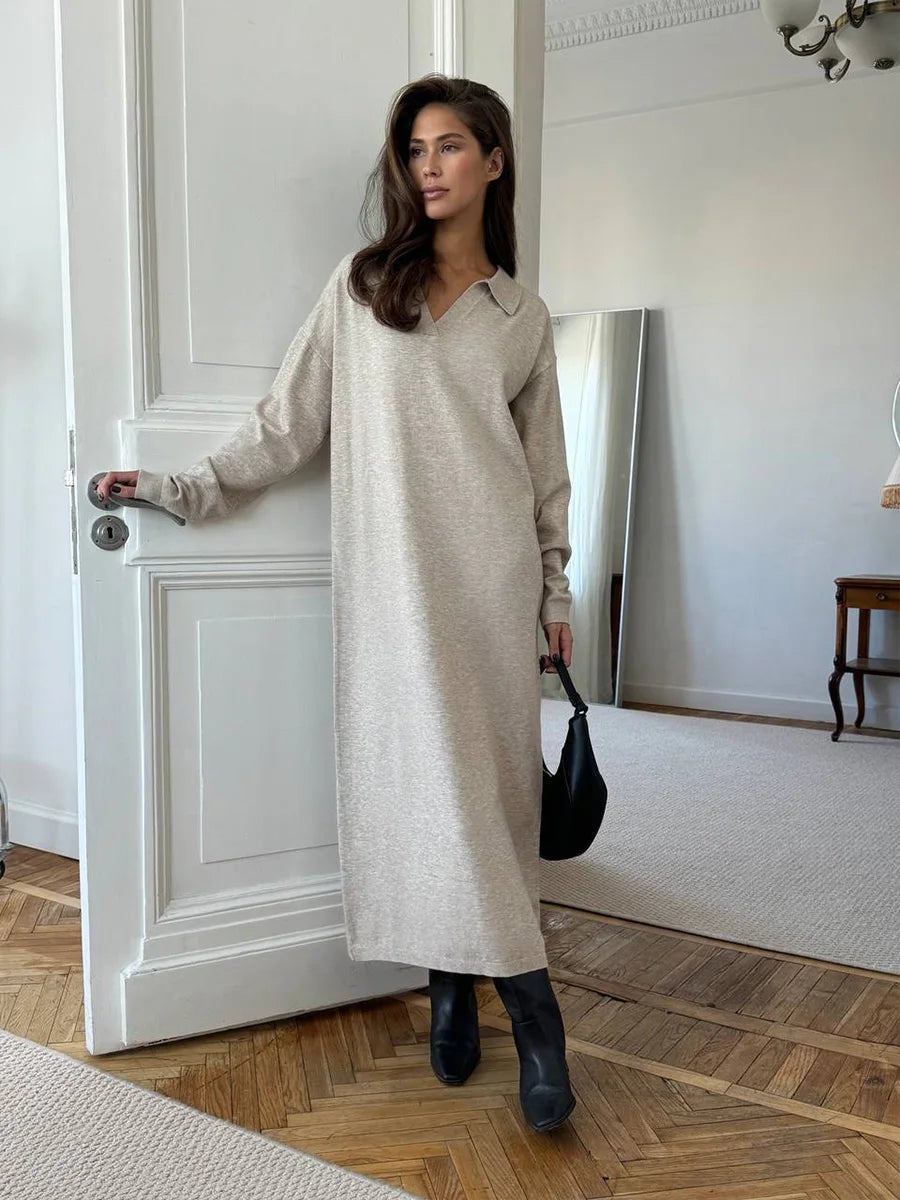 Hirsionsan manches longues automne hiver ample col Polo pull robes femmes doux élégant solide robe en tricot femme 2025 nouveaux vêtements