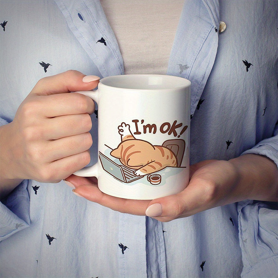 Keramische Geïsoleerde Kattenkoffiemok - Herbruikbare Multifunctionele Theekop met Speels "Ik Ben Prima" Kattendesign, Alleen Handwas, Ideaal Geschenk voor Kattenliefhebbers, Koffiekop