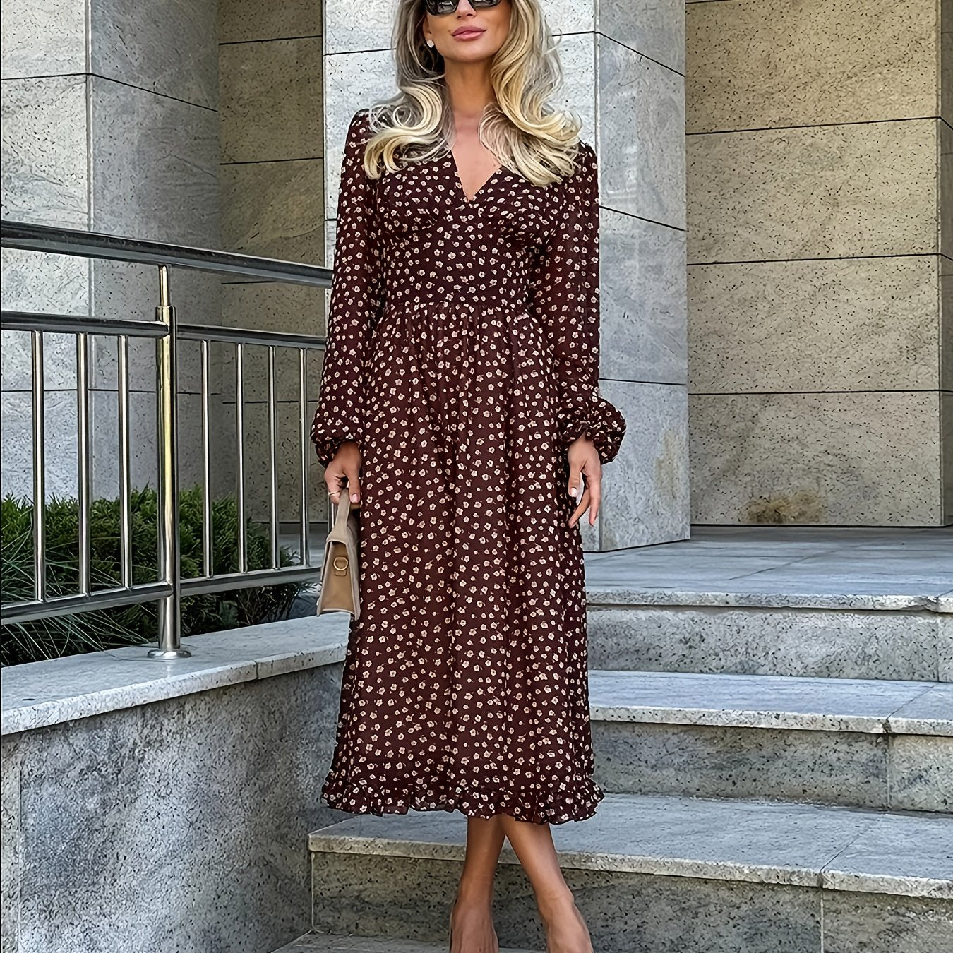 Ina | Herfstprint Jurk Met Ruches