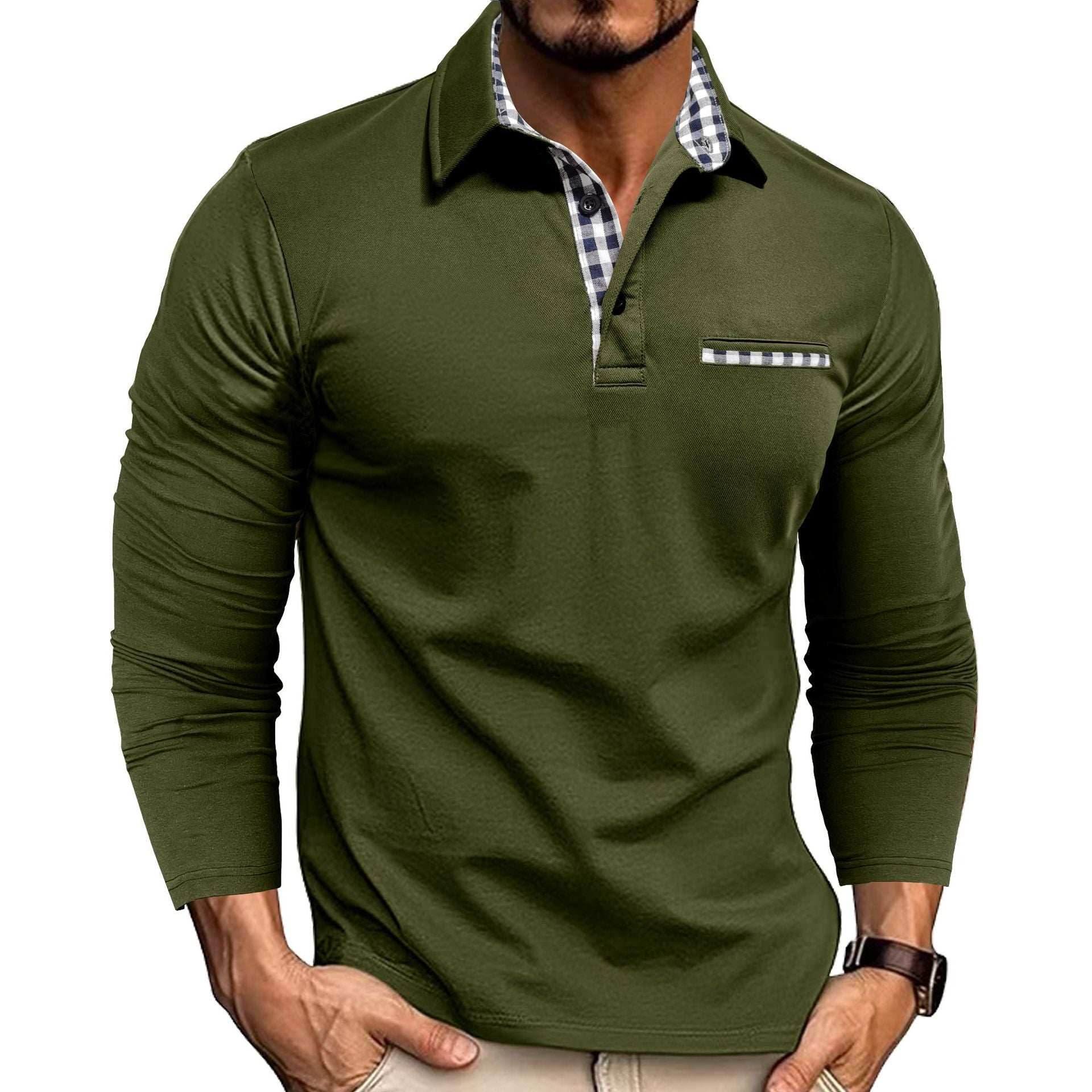 Casual Plaid Splicing Lapel Polo Shirt Fashion Solid Color Long Sleeve Top Men's Clothing