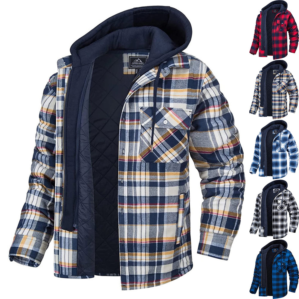 Men's Plaid Hooded Coat Winter Warm Button Zip-up Jacket Fashion Casual Thick Padded Long Sleeves Outerwear Clothing