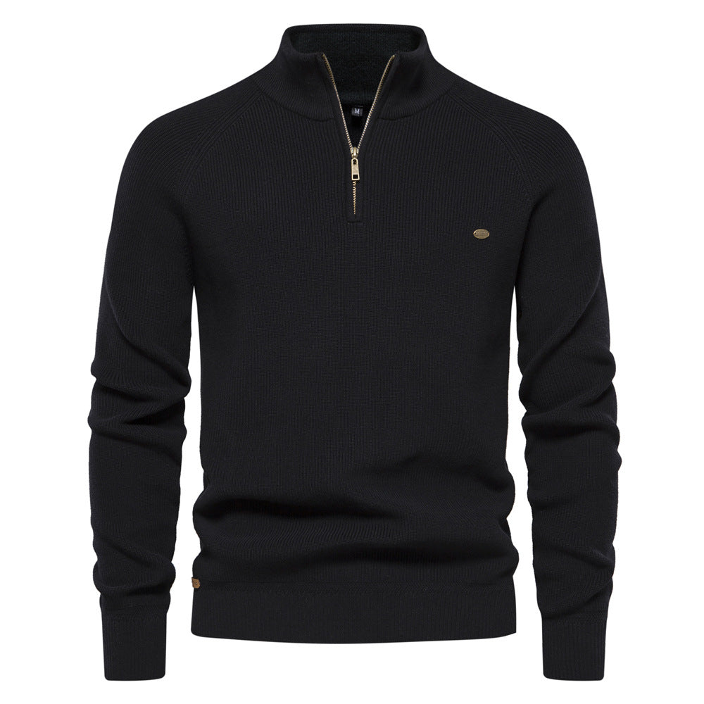 Men's Zipper Stand Collar Knitted Sweater Fashion Slim Solid Color Long Sleeve Half Turtleneck Top Men's Clothing